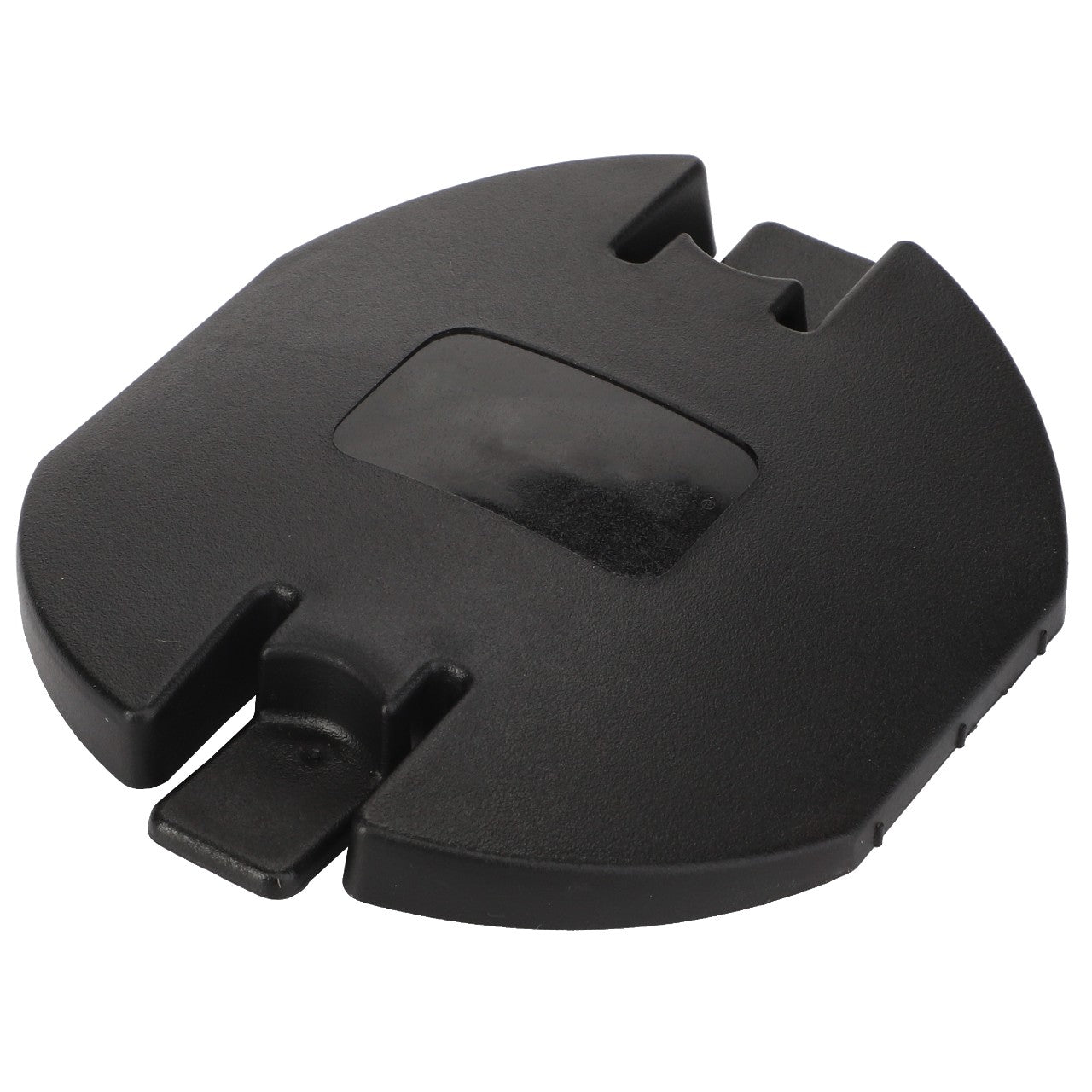 The AGCO Cover - Acp0370760, a black plastic cover featuring a rectangular indentation in the center and two side notches, fits Massey Ferguson models seamlessly.