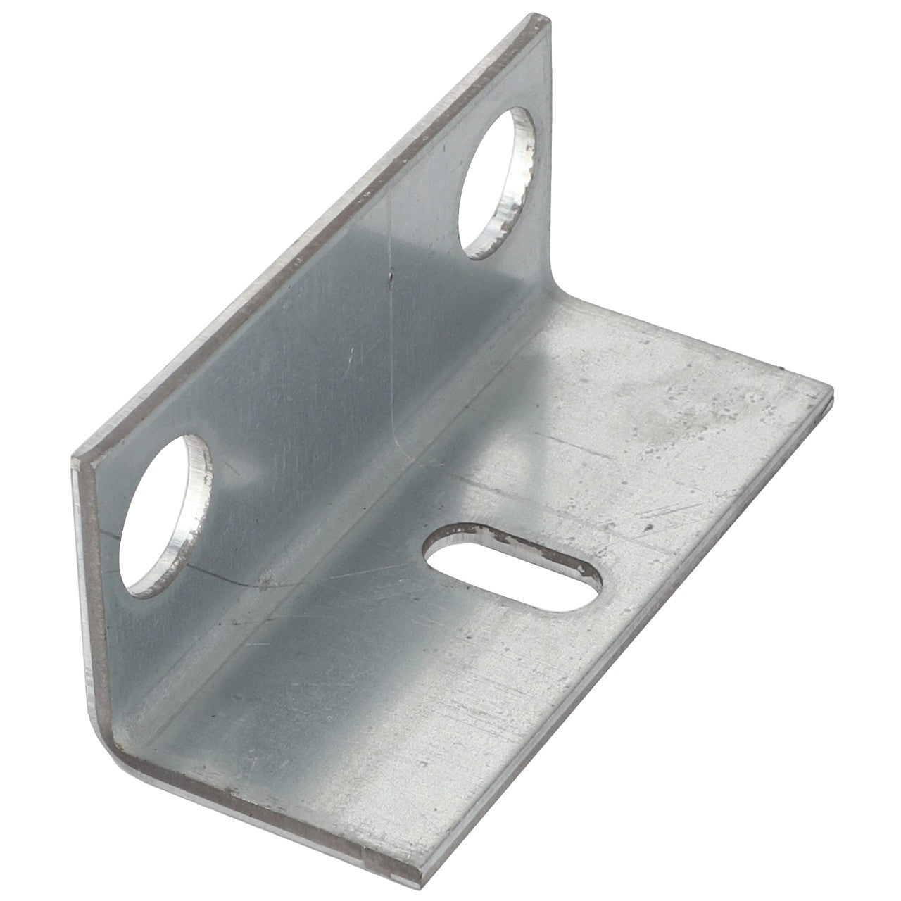 No current product description is available for the AGCO Angle - Fel152687 metal L-bracket, which features two circular holes on one side and a single longer hole on the perpendicular side.