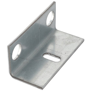 No current product description is available for the AGCO Angle - Fel152687 metal L-bracket, which features two circular holes on one side and a single longer hole on the perpendicular side.