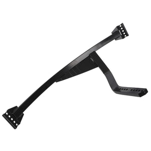 The AGCO Support, Right Hand - 3777590M1 is a black metal automotive part designed in a bracket-like shape with multiple perforated holes at each end, compatible with Massey Ferguson models.