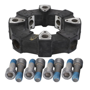 The AGCO Shock Absorber - 4276436M91 is a hexagonal rubber coupling with metallic inserts, secured by six blue-threaded bolts with hexagonal heads, and is designed to seamlessly fit into Massey Ferguson Models and Dyna-6 transmissions.