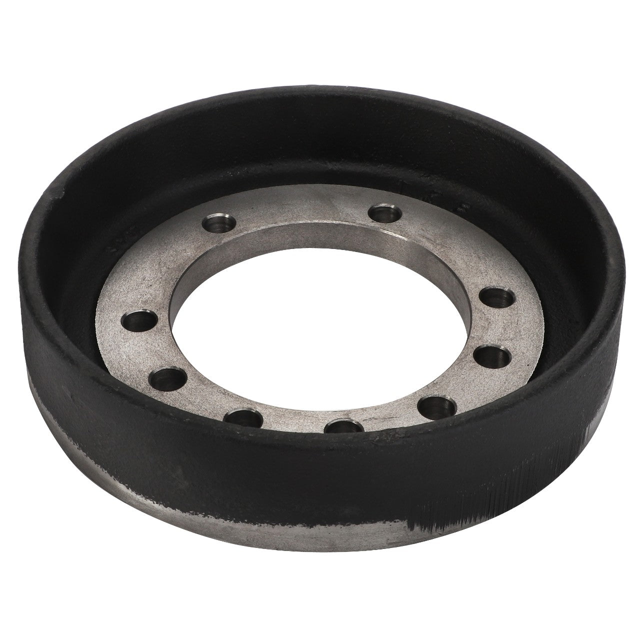 An AGCO Flange - F411301021010 by AGCO, featuring a black outer ring and multiple circular holes around the center.