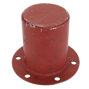 The AGCO | CAP - D28851122 from AGCO, a red cylindrical metal pipe end cap with a flat top, flanged base, and four bolt holes, sits securely in place.