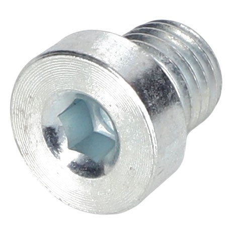 No product description available for AGCO Plug - Acp0296570: Close-up view of a silver hex socket head cap screw with a threaded body and a hexagonal socket in the head.