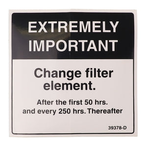 A sign stating: "EXTREMELY IMPORTANT. Change filter element after the first 50 hrs. and every 250 hrs. thereafter." No current product description information is available.

Rewritten Sentence:
An AGCO decal, model AG704070, states: "EXTREMELY IMPORTANT. Change filter element after the first 50 hrs. and every 250 hrs. thereafter." No further product description information is available at this time.