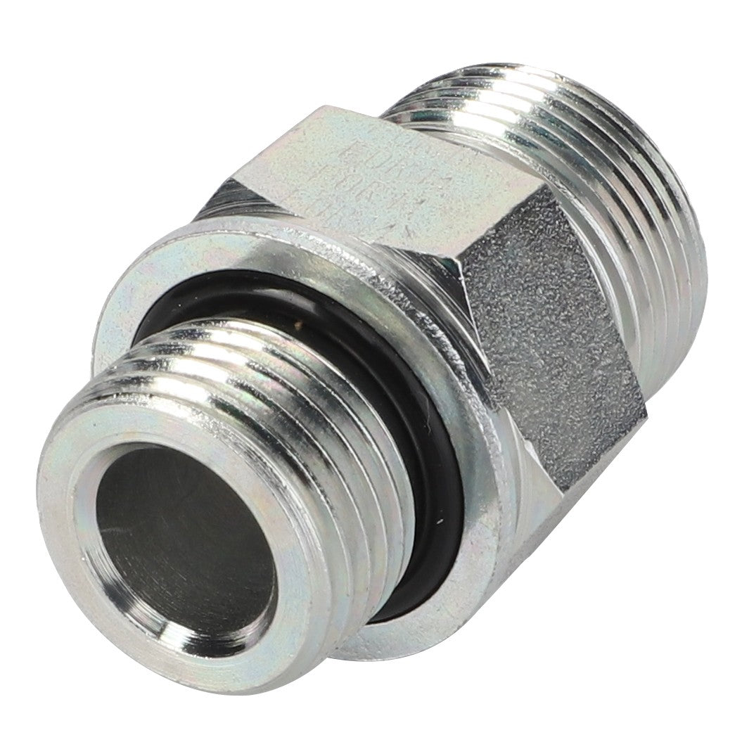 No current product description is available for the AGCO | Fitting - Acp0325980 metal hydraulic adapter, which includes a hexagonal nut, male-male threaded ends, and an O-ring for sealing.