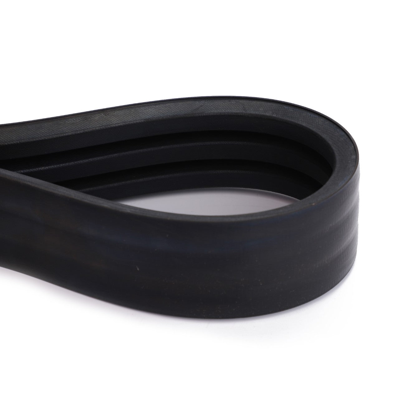 Close-up of a black, flexible ribbed rubber belt with curved loops, specifically designed for Massey Ferguson models like the MF 7345, branded as AGCO and identified by the product code Belt - La344311234.