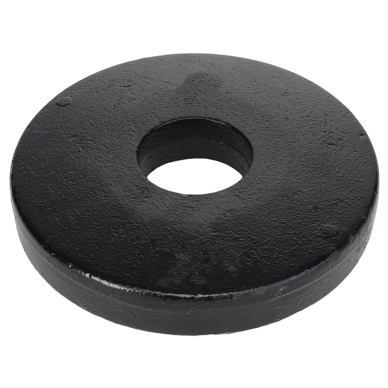 A powerful AGCO | Gang End Washer - Acp0018830, a black, circular iron plate with a center hole designed to enhance your strength training.