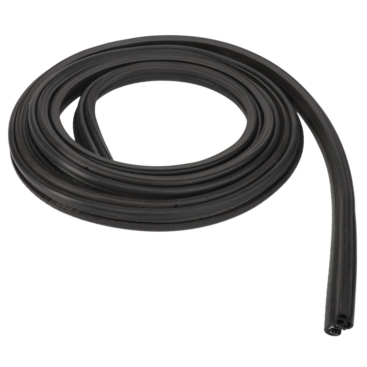 The AGCO | Gasket - Acp0327150, a coiled black rubber seal with a hollow center, designed for use in automotive or household applications to prevent leaks or drafts, currently has *No Product Description Available*.