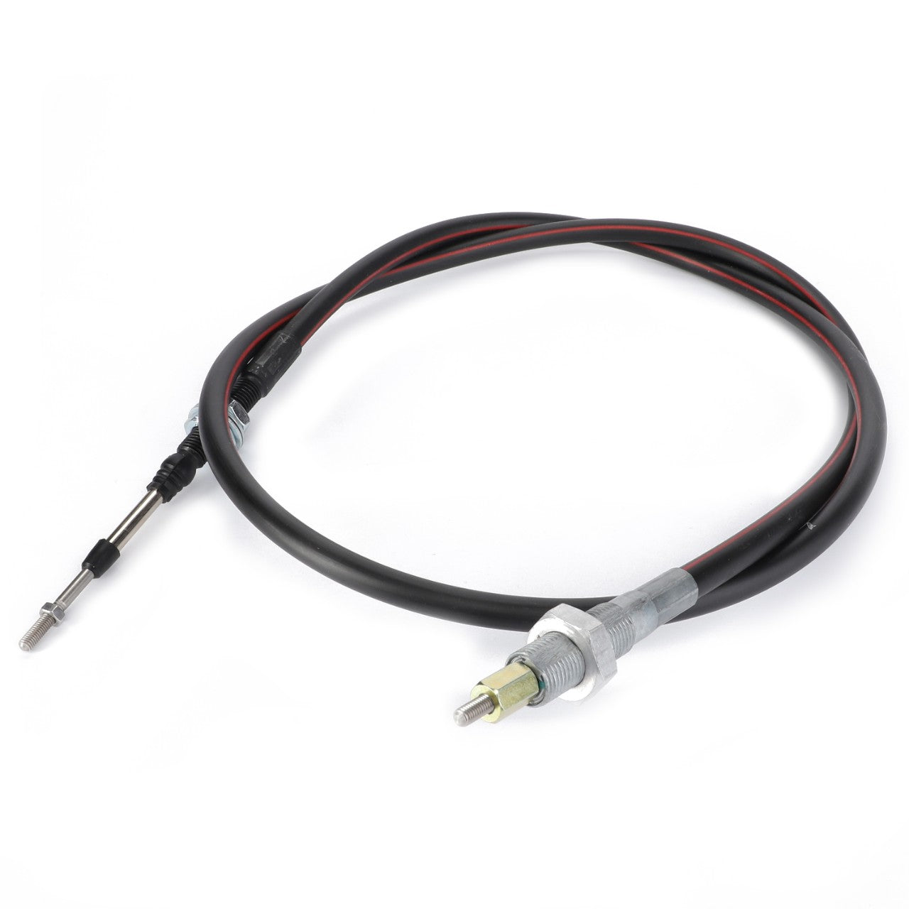 A black throttle cable with metallic connectors on both ends, coiled in a loop with red stripes running along its length, ensures operating safety and reliability. This AGCO | Control Cable, Loader - AL5020311 by AGCO is designed for optimal performance in electrical parts applications.