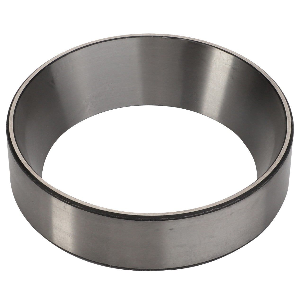 Product Name: AGCO | BEARING CUP - AG706697
Brand Name: AGCO

Rewritten Sentence:
The AGCO BEARING CUP - AG706697 is a metallic cylindrical ring with a smooth, reflective surface and a hollow center, positioned upright, resembling a Tapered Roller Bearing designed to handle both radial loads and thrust loads.