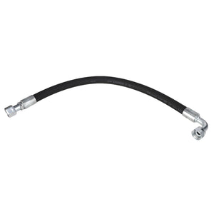 The AGCO Hose - Acx2761770 is a flexible black rubber hose with metallic connectors at both ends, slightly curved in shape, and engineered for durability and reliability.