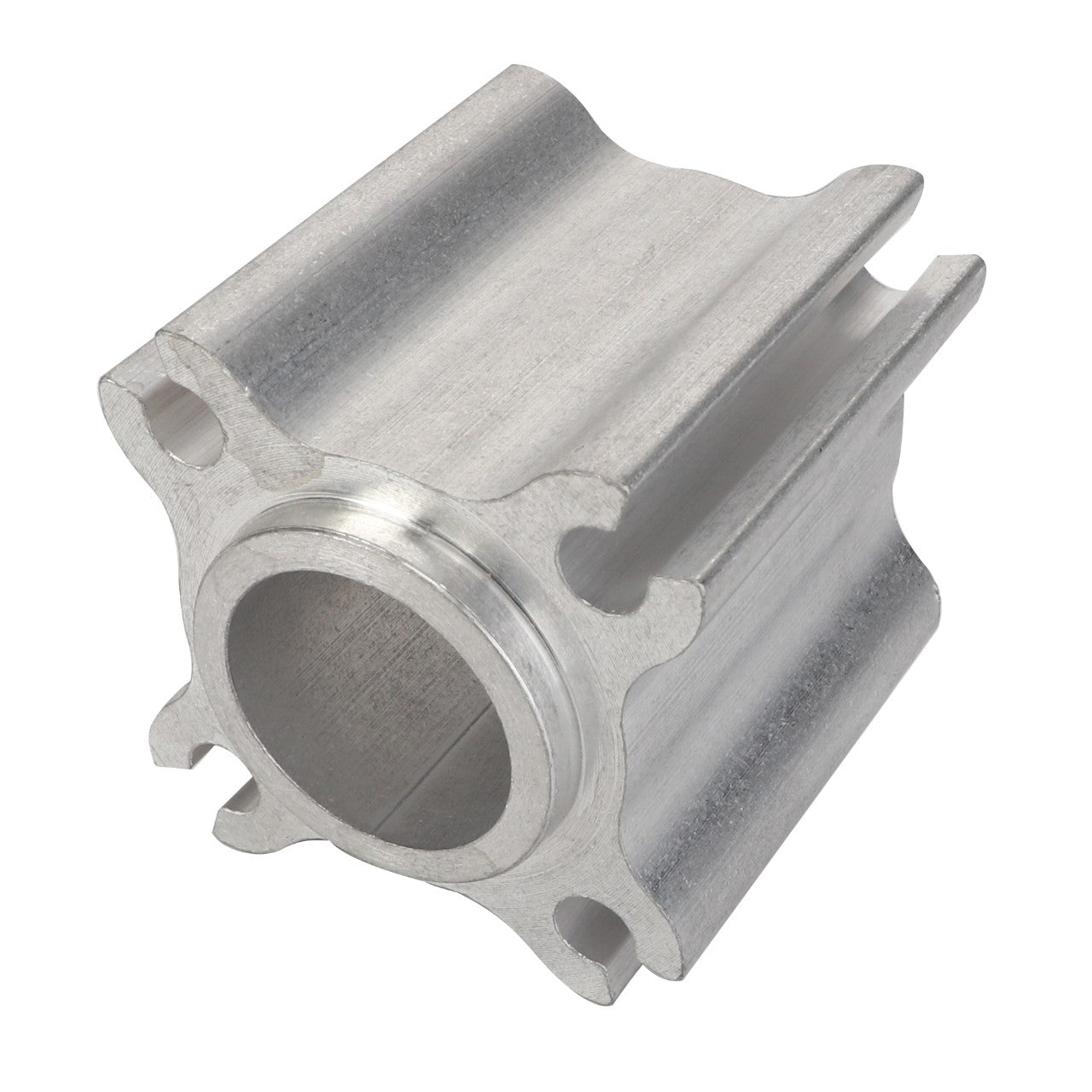 The AGCO Spacer - Acp0291130 by AGCO is a machined, cylindrical metal component with a central hole and flanged ends, featuring multiple grooved edges; however, it currently has no product description available.