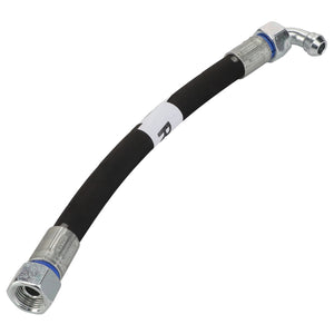 Image of the AGCO hydraulic hose (Acp0294200) in black, featuring metal fittings at both ends—one end straight and the other bent at an angle. The hose includes a white label with text and blue ring markings near the connectors.