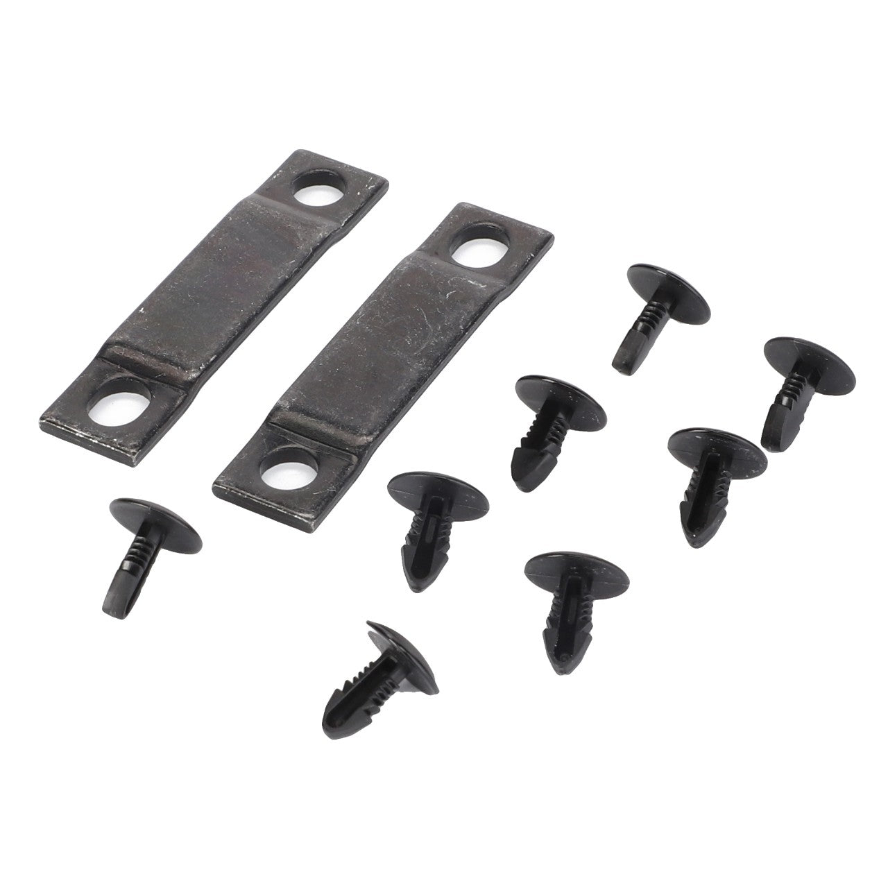 AGCO's Seat Component Kit - F931502030550, featuring two metal brackets with mounting holes and eight black plastic rivets, is arranged on a white background. No current product description information is available.