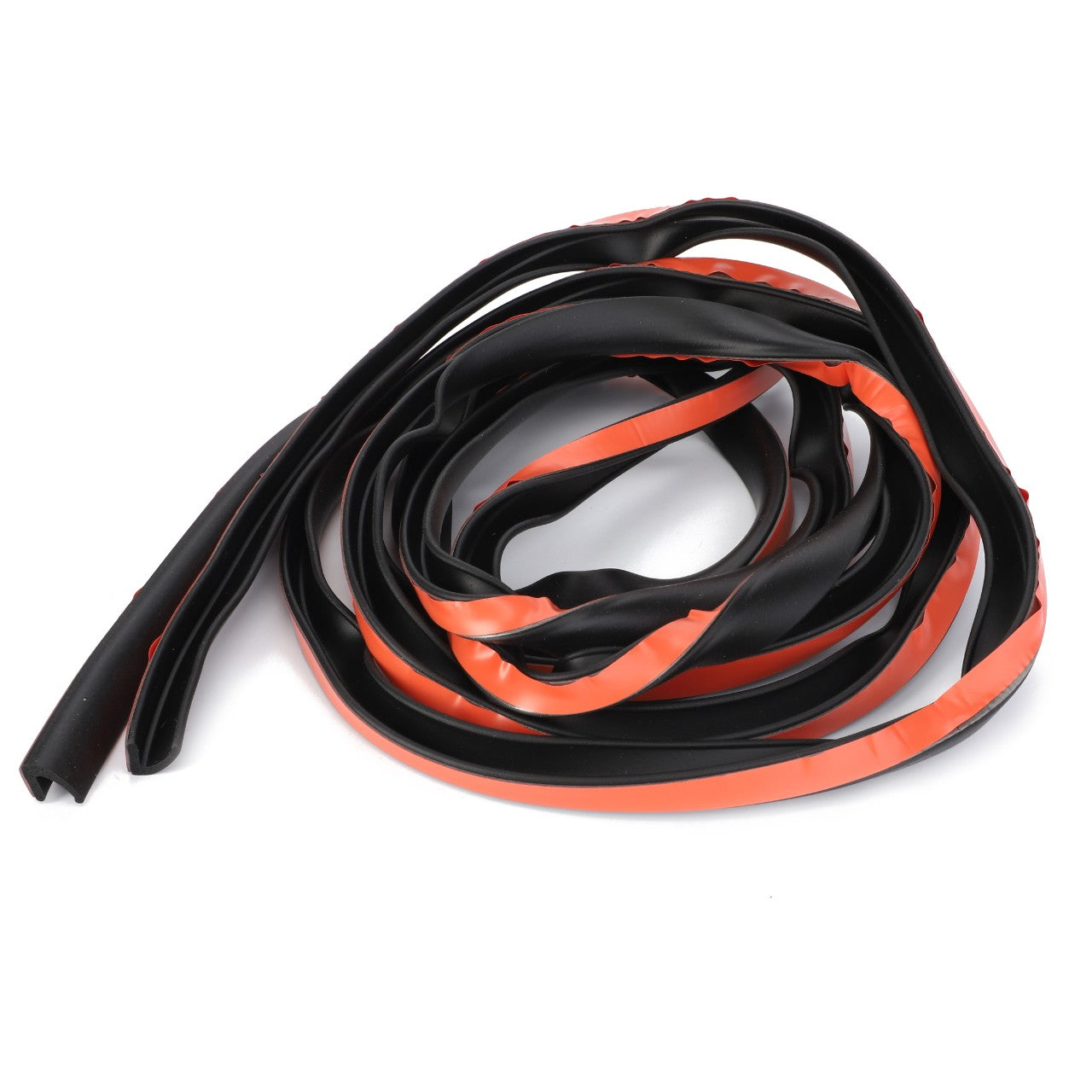 The AGCO | Gasket, Cab Roof - 3714884M1 is a coiled black rubber strip with an orange edge, perfect for genuine seals and gaskets.