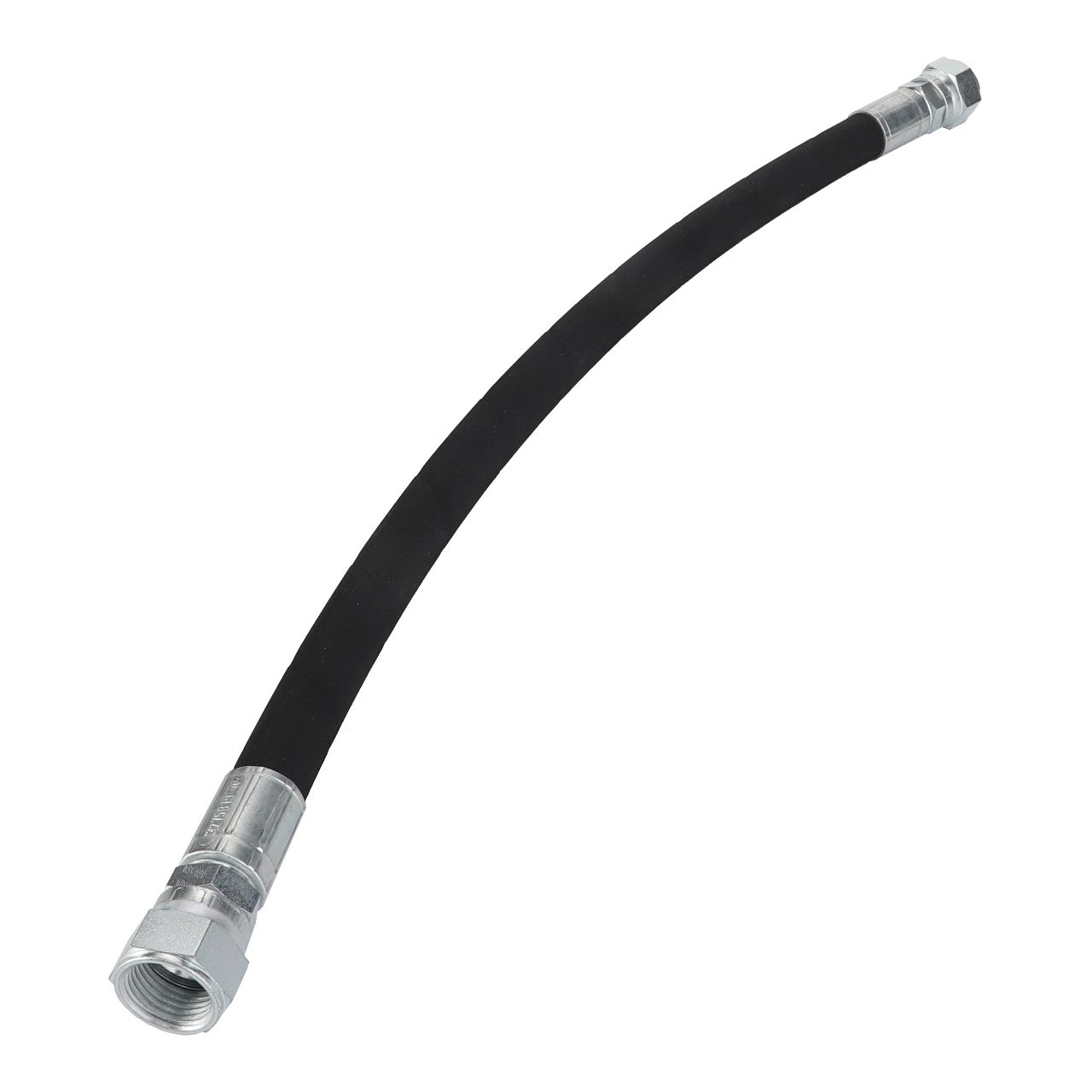 A black, abrasion-resistant AGCO | Hydraulic Hose - 3385555M1 with metal connectors on both ends, slightly curved against a white background. Ideal for Massey Ferguson models.