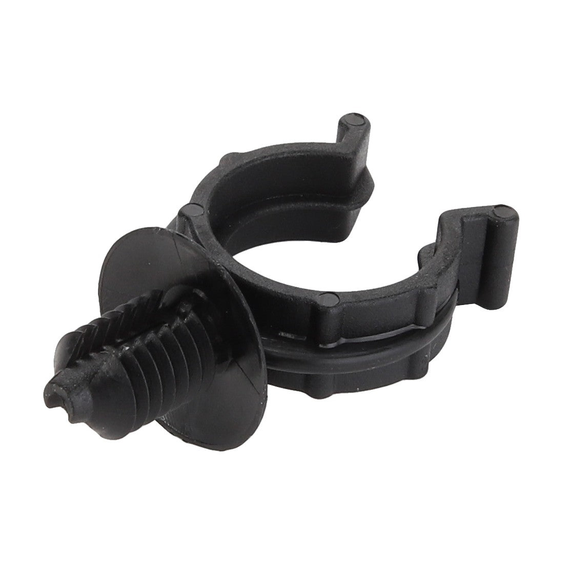 The AGCO Clip - Acw2023760 is a black plastic cable clamp featuring a circular opening and a screw-like attachment for secure fitting.