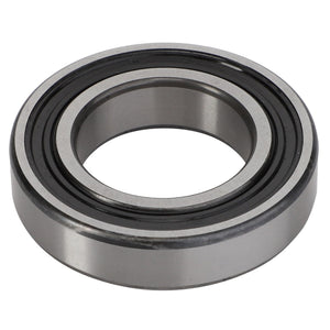 A close-up image of an AGCO Ball Bearing - 9-1001-0086-1, characterized by its circular shape and precision reminiscent of the components found in Valtra Models. This bearing features an inner ring and an outer ring with a dark seal between them.