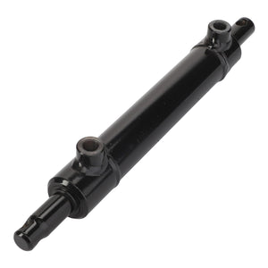 The AGCO | RAM - AL702010 is a robust black hydraulic cylinder with two mounting points, expertly designed by AGCO for transforming hydraulic fluid power into mechanical force.