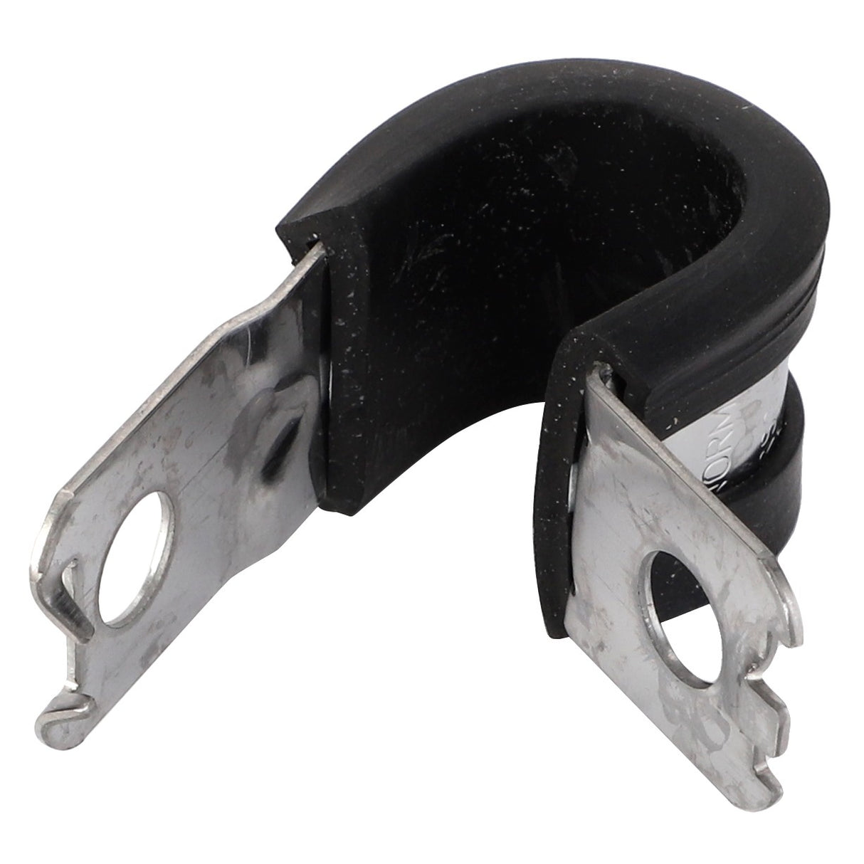 The AGCO PIPE CLAMP - F743200710120 is a metal clamp featuring a black rubber lining and two flat, perforated extensions. This clamp is designed in an open, semi-circular shape.