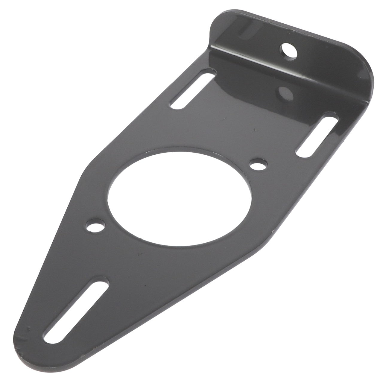 The AGCO | Pump Support Plate - Acx2757760 by AGCO features a metal mounting bracket with three elongated slots, one circular hole, and a smaller round hole.