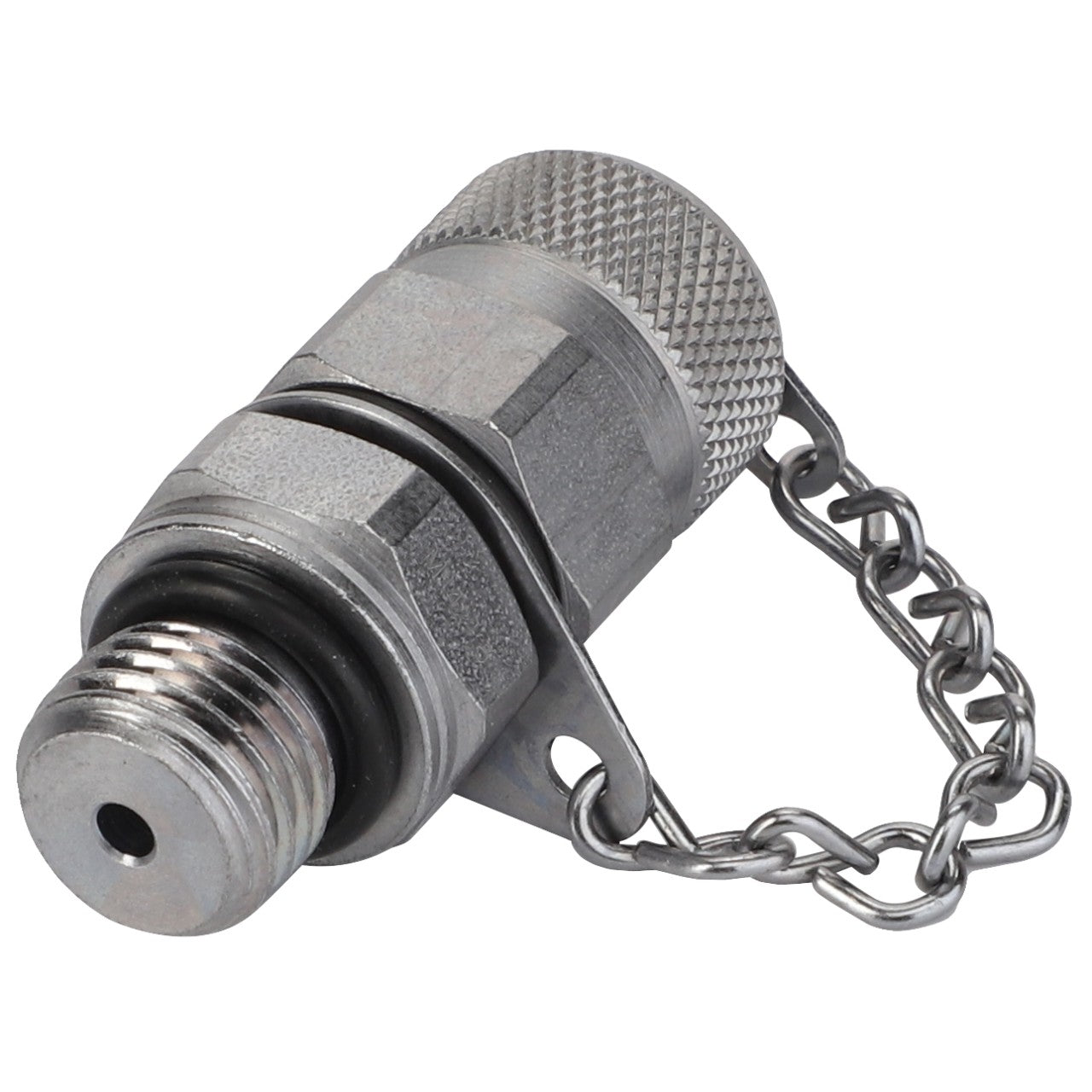 Close-up of the AGCO QUICKLINE CONNECTOR - V30068700, an industrial metal fitting with a threaded male end and a hexagonal body. It is attached to a chain and has a cap on the opposite end. No current information about its specific application is provided.