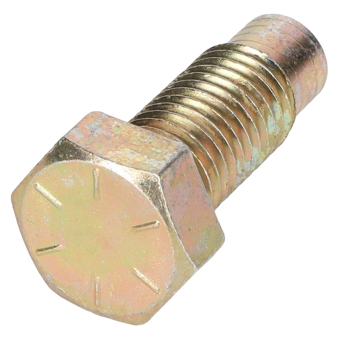 A close-up view of the AGCO HEXAGONAL HEAD BOLT - AG524111, featuring a partially threaded shaft and a metallic finish, lying horizontally on a white surface. No current product description information is available for this specific bolt.