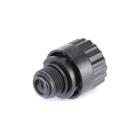 Close-up image of a Breather - G260860060050, an AGCO Genuine black plastic threaded connector component with grooves and a circular opening at one end. Ideal for hydraulic system auxiliary tanks in various Fendt models.
