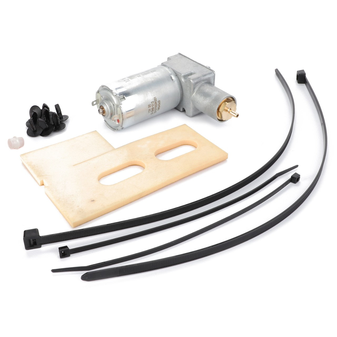 The AGCO | COMPRESSOR - F931502031120, featuring an electric motor with an attached gear, a plastic mounting plate, a set of screws, and four cable ties, is laid out on a white background. No current product description information is available for this item.