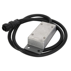 A rectangular metal box labeled as AGCO BUZZER - D28080089 with a black coiled cable attached and a connector at the end. No current product information available.