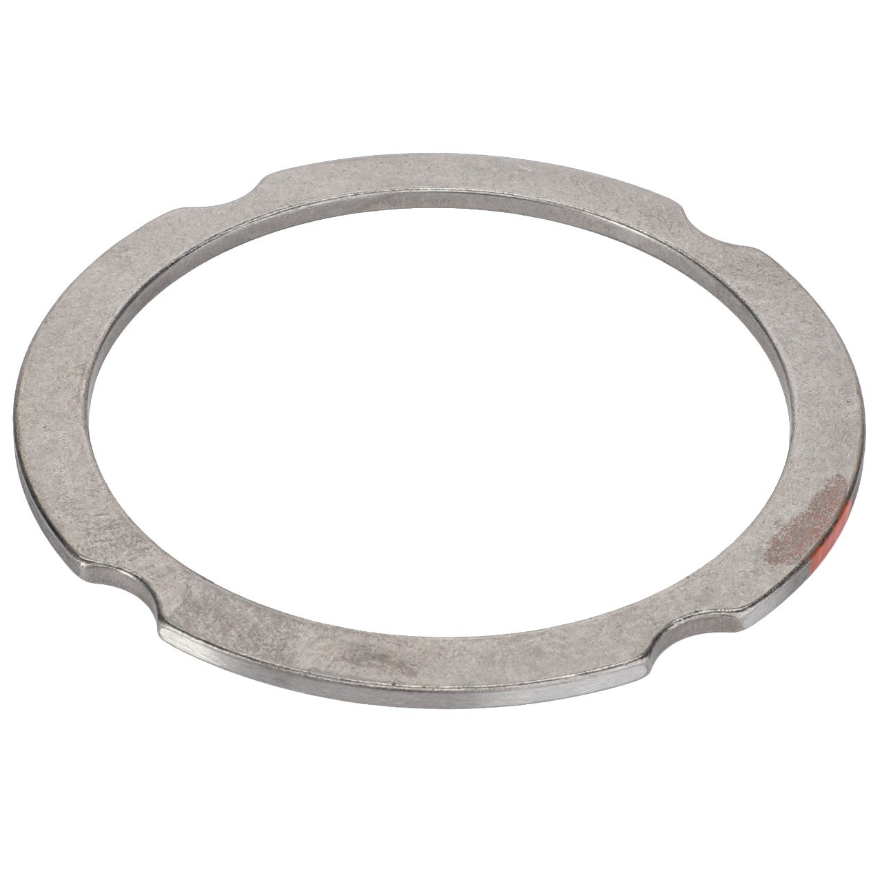 Introducing the AGCO Compensating Ring - F007200210340: a metallic circular ring from the trusted brand AGCO, featuring a smooth surface and four small notches evenly spaced around its outer edge.