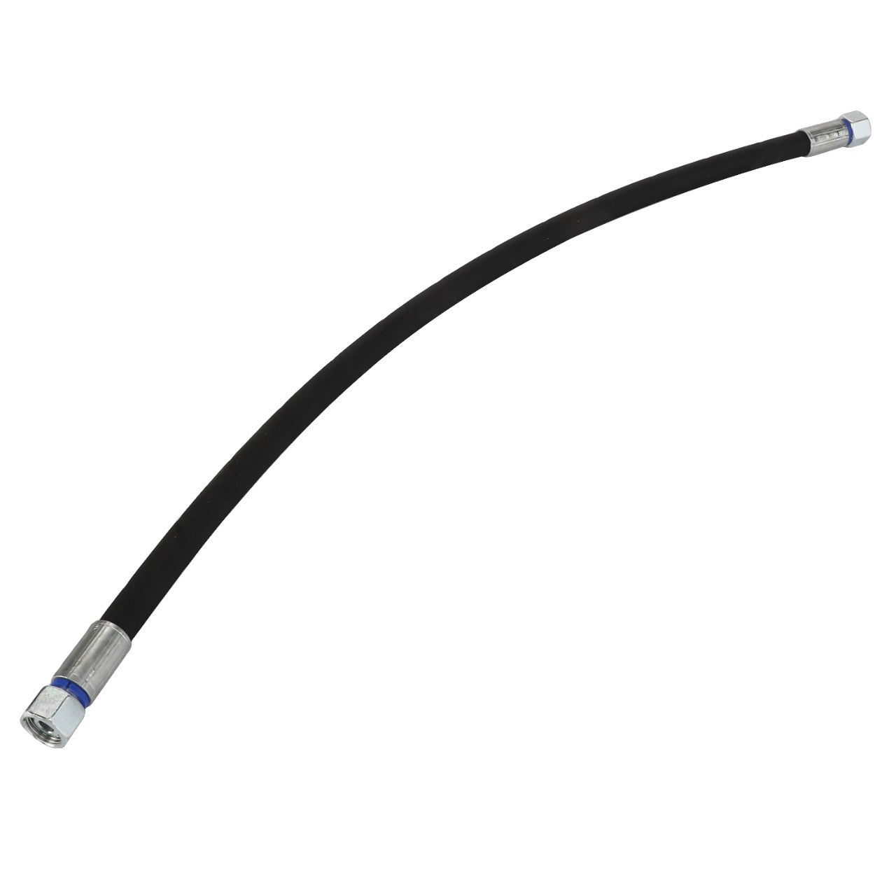 The AGCO Hydraulic Hose - Acx2434040 is a durable black flexible hose with sturdy metal connectors at each end, designed for efficient fluid or gas transfer.