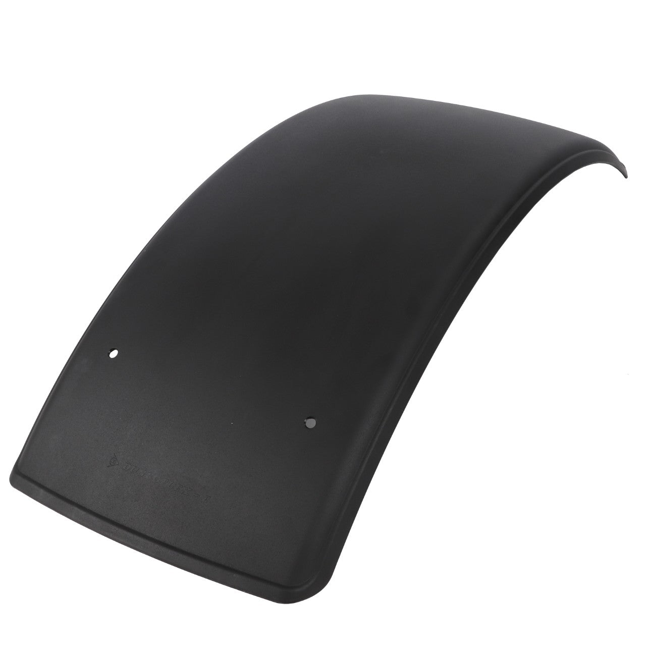 Introducing the AGCO Fender (4349204M92), a 470mm curved black plastic fender with two small holes near one edge, perfectly suited for various Massey Ferguson models.