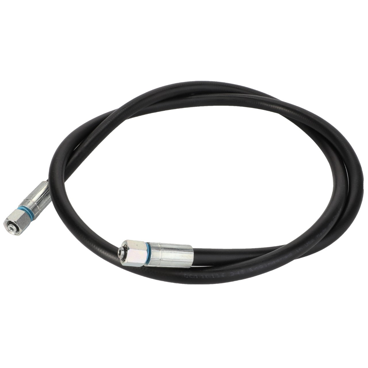 The AGCO POWER STEERING HOSE - ACY1567560 by AGCO is a coiled black hydraulic hose equipped with metal fittings on both ends, designed primarily for connecting hydraulic systems. No further product description information is available.