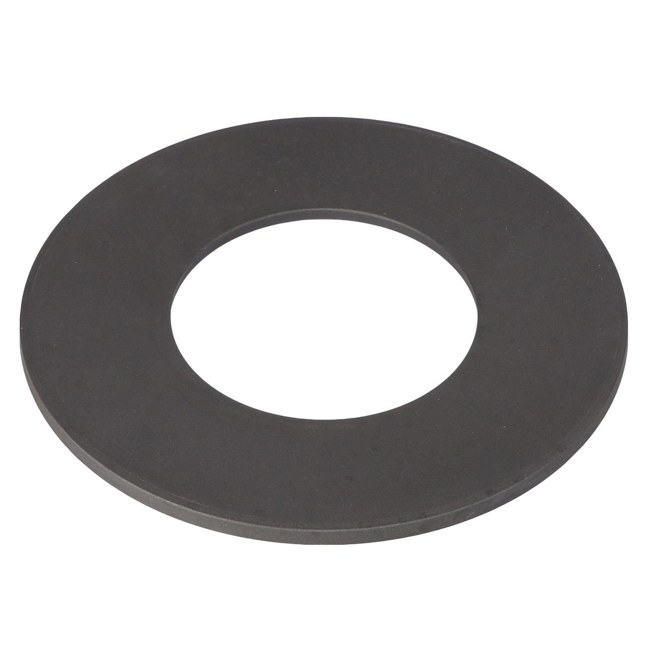 A photo of the AGCO | BRAKE SPRING - AG726345, a flat, circular metallic washer with a large central hole, set against a pristine white background.