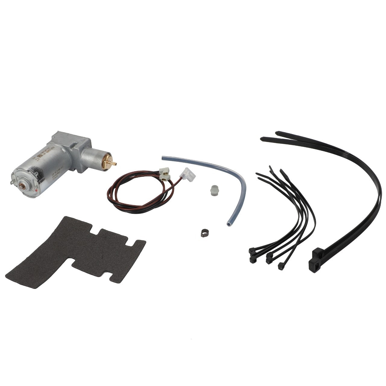 No current product description available for the AGCO | Compressor - F334500030040, an assortment of automotive components, including a small motor, wiring, foam pad, zip ties, and tubes arranged on a white background.