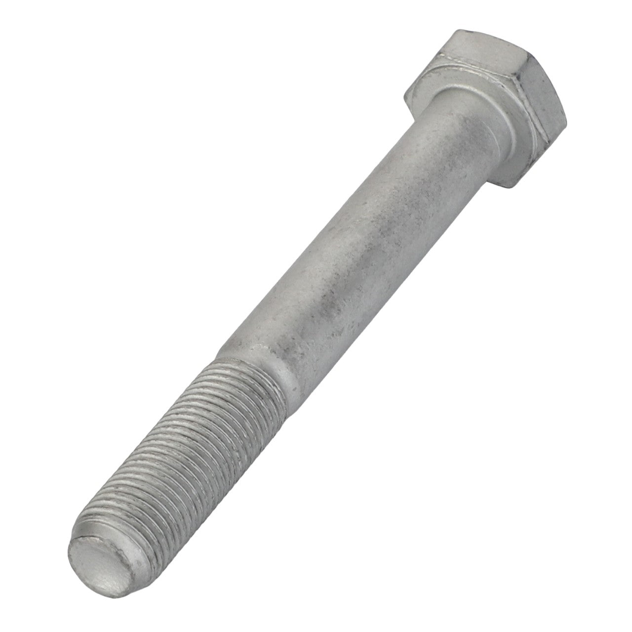 Close-up of an AGCO | Hexagonal Head Bolt - Acp0704220, featuring a shiny metallic finish and visible threading on half its length, often used in construction or mechanical applications for secure fastening.