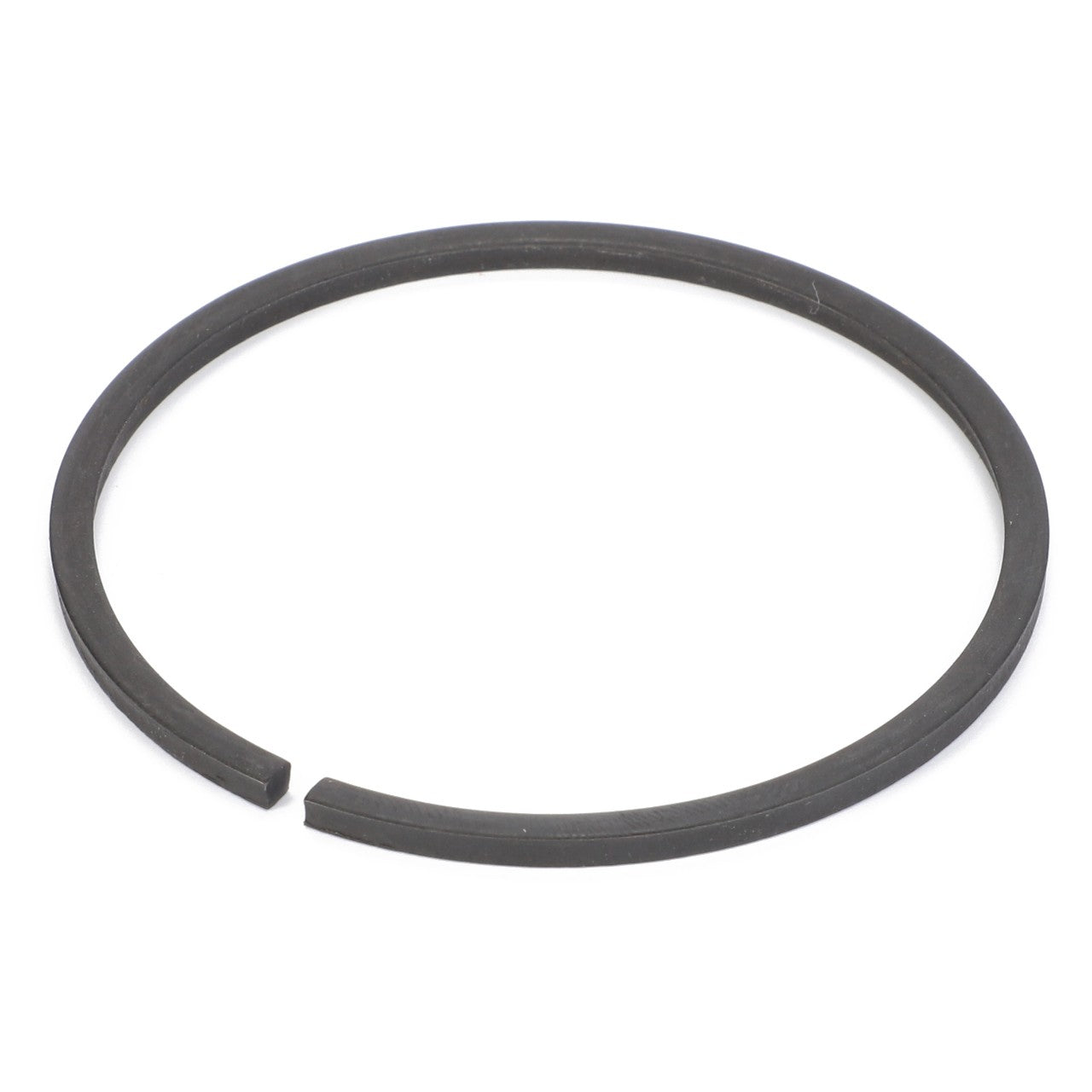 The AGCO Circlip - 4301527M1 is a black, circular metal piston ring with a small gap, specifically designed for use in internal combustion engines and compatible with Massey Ferguson and Fendt models.