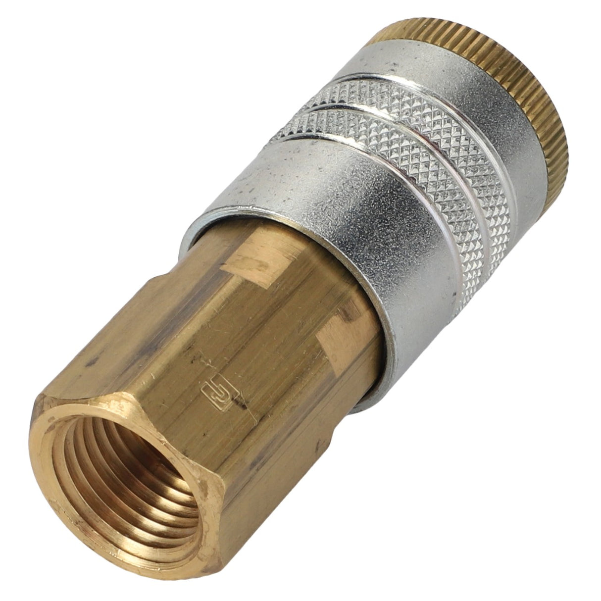 Close-up of the AGCO Nipple Fitting - Acw0718750, featuring a metal and brass hose connector with a knurled grip section and threaded ends. No current product description information is available.