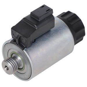 Close-up of the AGCO Magnet - F650103590040 cylindrical solenoid valve, featuring a metallic body, black plastic connector on top, and a threaded output.