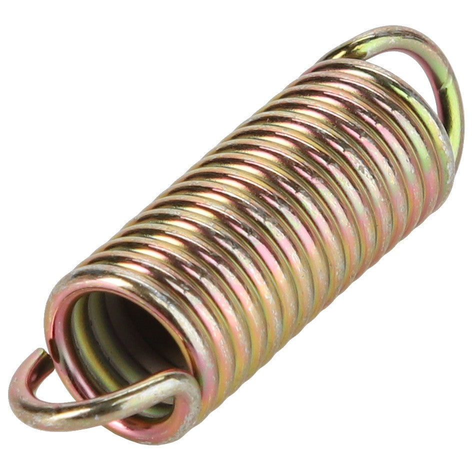 The AGCO | SPRING - D26500317 by AGCO is a coiled metal spring featuring a hook on each end and showcasing a multicolored, reflective metallic surface. No additional product description information is currently available.