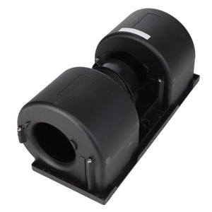 The AGCO BLOWER FAN AND MOTOR - AG330576 by AGCO features a black dual centrifugal fan assembly with cylindrical housings and a sturdy mounting base, making it ideal for efficient ventilation or cooling applications in various settings.