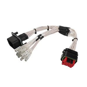 The AGCO | Harness - Act0025560 is a multi-wire harness with labeled white wires connected to black and red plastic connectors on each end.