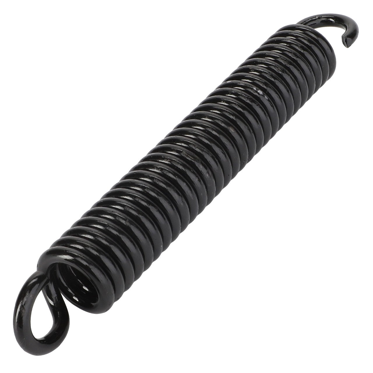 Close-up of the AGCO Pulling Spring - F222502031050, a black coiled metal spring with hooks at both ends designed for tensile applications. This spring appears to be made of steel and belongs to the AGCO brand. No current product description available.