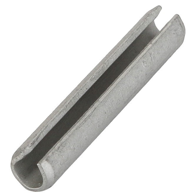 A close-up view of the AGCO Roll Pin - Fel107438, a silver metal dowel pin with a split along its length, typically used as a fastener in machinery and equipment assemblies.