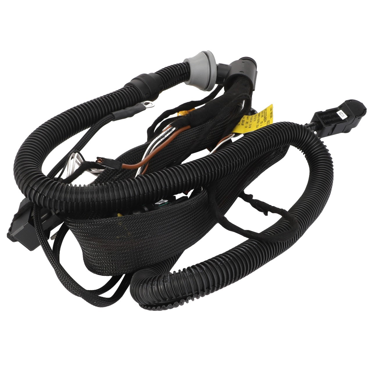 A coiled black AGCO electrical wiring harness (product name: Harness - Acw333349C) with multiple connectors and a yellow tag attached, set against a plain white background. No current product description information is available.