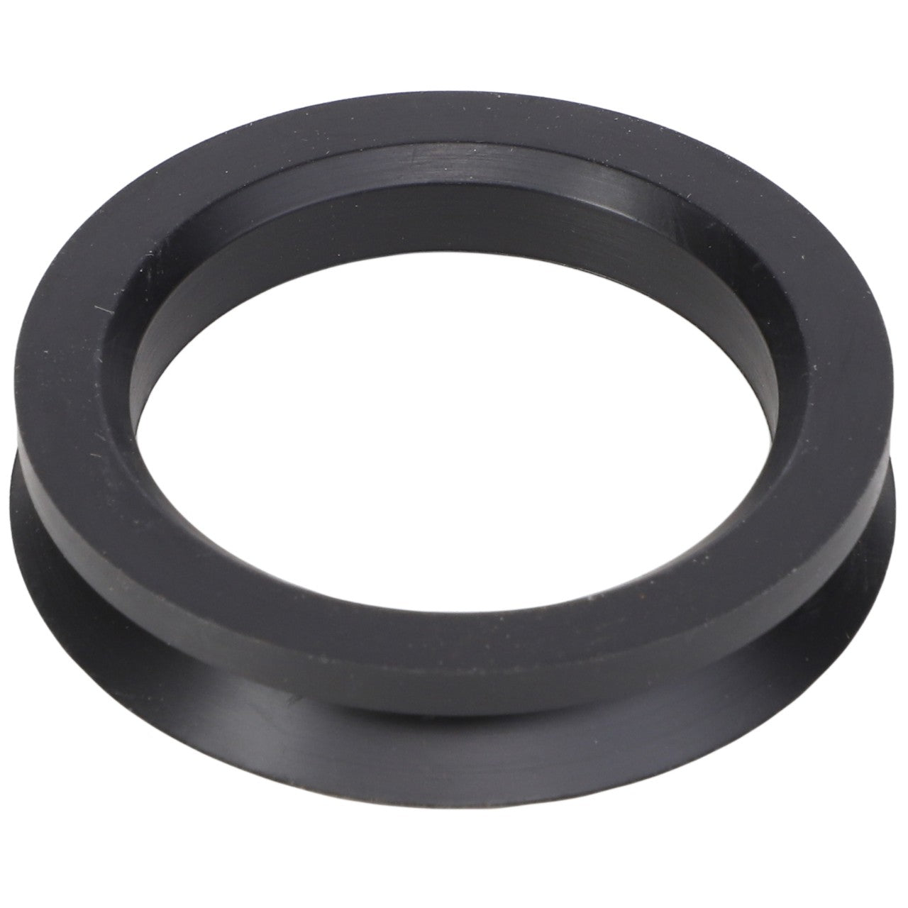 The AGCO | V-Seal - Acp0143030 by AGCO is a sleek black plastic ring with a flat base and a beveled edge, elegantly viewed from above.