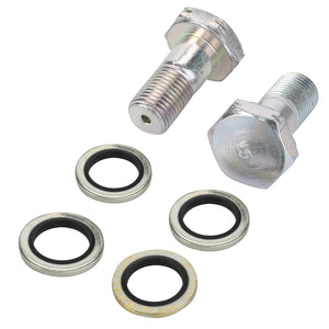 Two metal bolts and five circular washers with black rubber interiors from the AGCO Seal Kit, Hydraulic Upper Link - F737870051040, arranged on a white background.