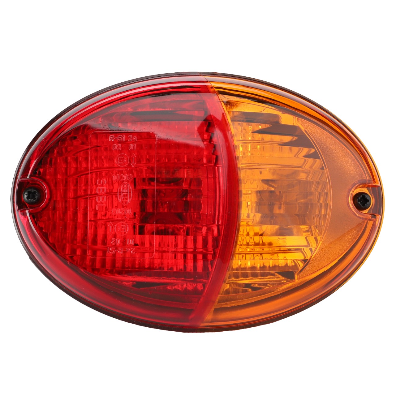 The AGCO | Combination Light, Rear - Acp0419060 by AGCO is an oval-shaped automotive tail light featuring a red lens on the left side and an amber lens on the right side, secured by two screws. Part of the AGCO Genuine Rear Lights range, it is celebrated for its reliability and durability.